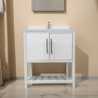 30" White Freestanding Single Sink Bathroom Vanity with Snow White Quartz Countertop Fiory - Golden Elite Deco