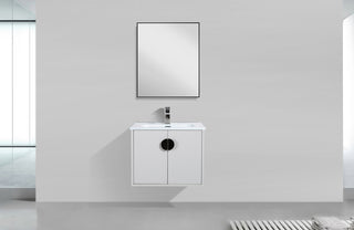 30" White Wall Mount Single Sink Bathroom Vanity with White Ceramic Countertop