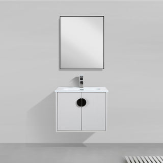 30" White Wall Mount Single Sink Bathroom Vanity with White Ceramic Countertop