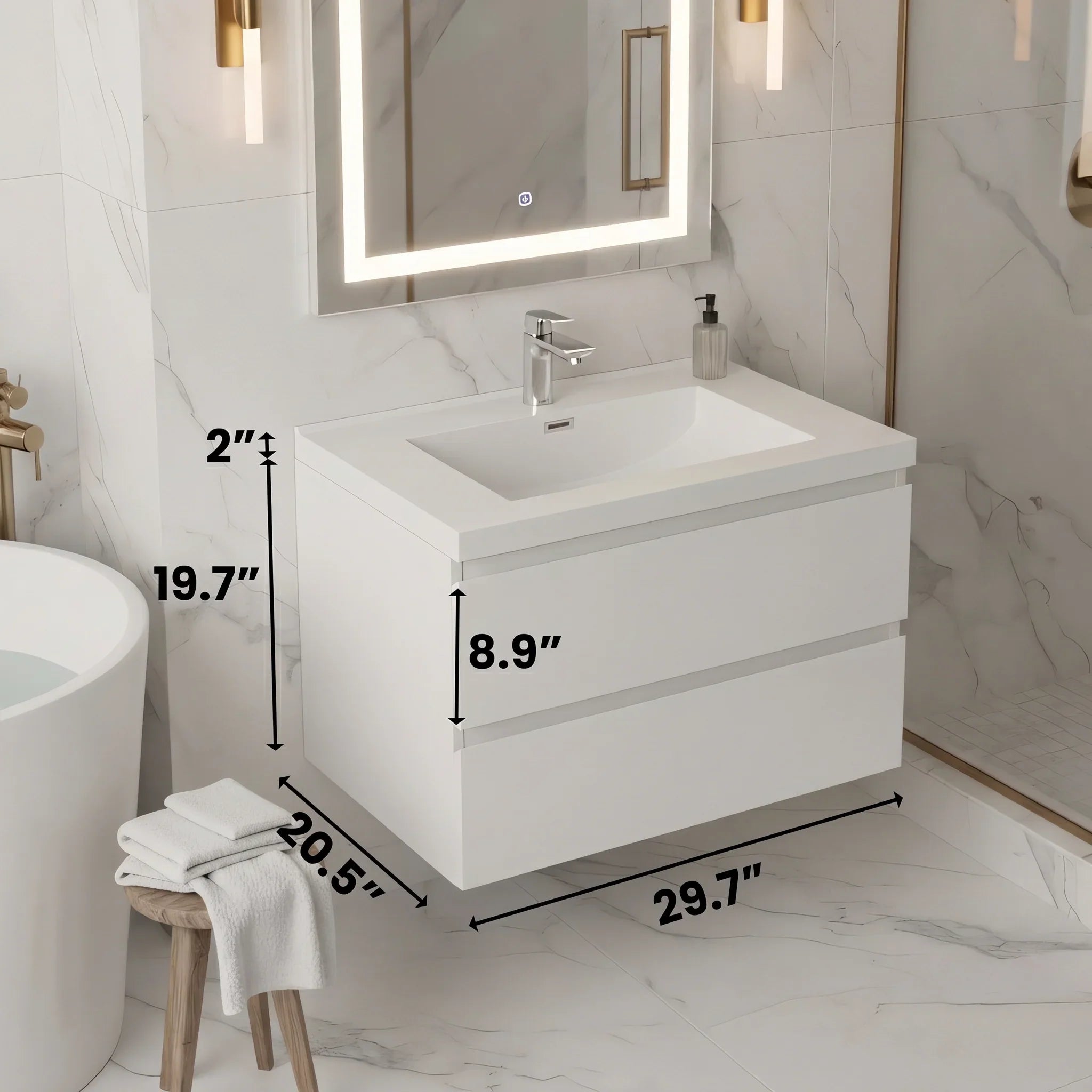 30" Glossy White Wall Mount Bathroom Vanity with White Polymarble Countertop
