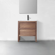 30" Natural Walnut Freestanding Bathroom Vanity with White Solid surface Countertop