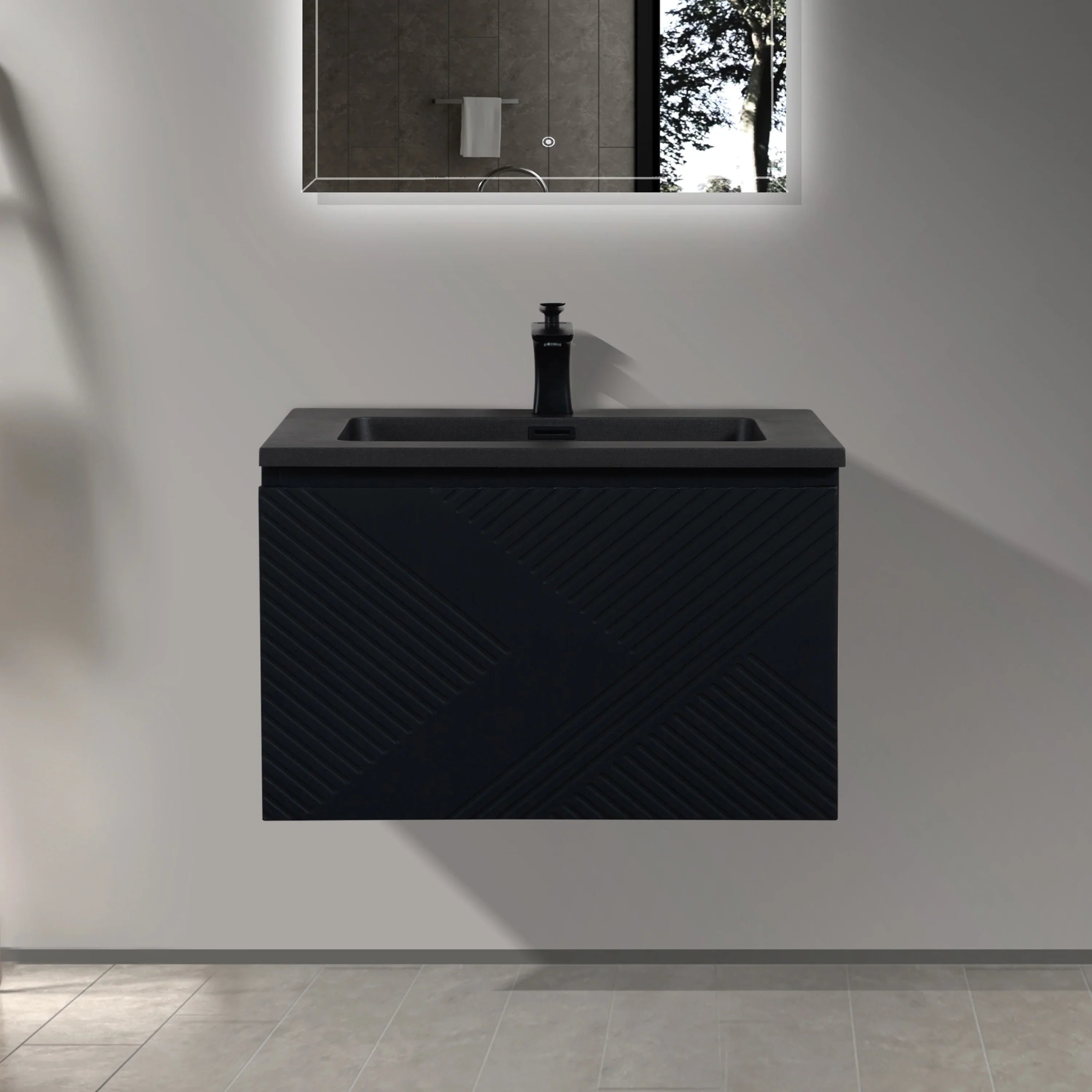 Meuble-Lavabo Mural 30po Noir avec Comptoir de Quartz d'ingénierie Noir