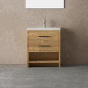 30" Rough Oak Freestanding Bathroom Vanity with White Polymarble Countertop