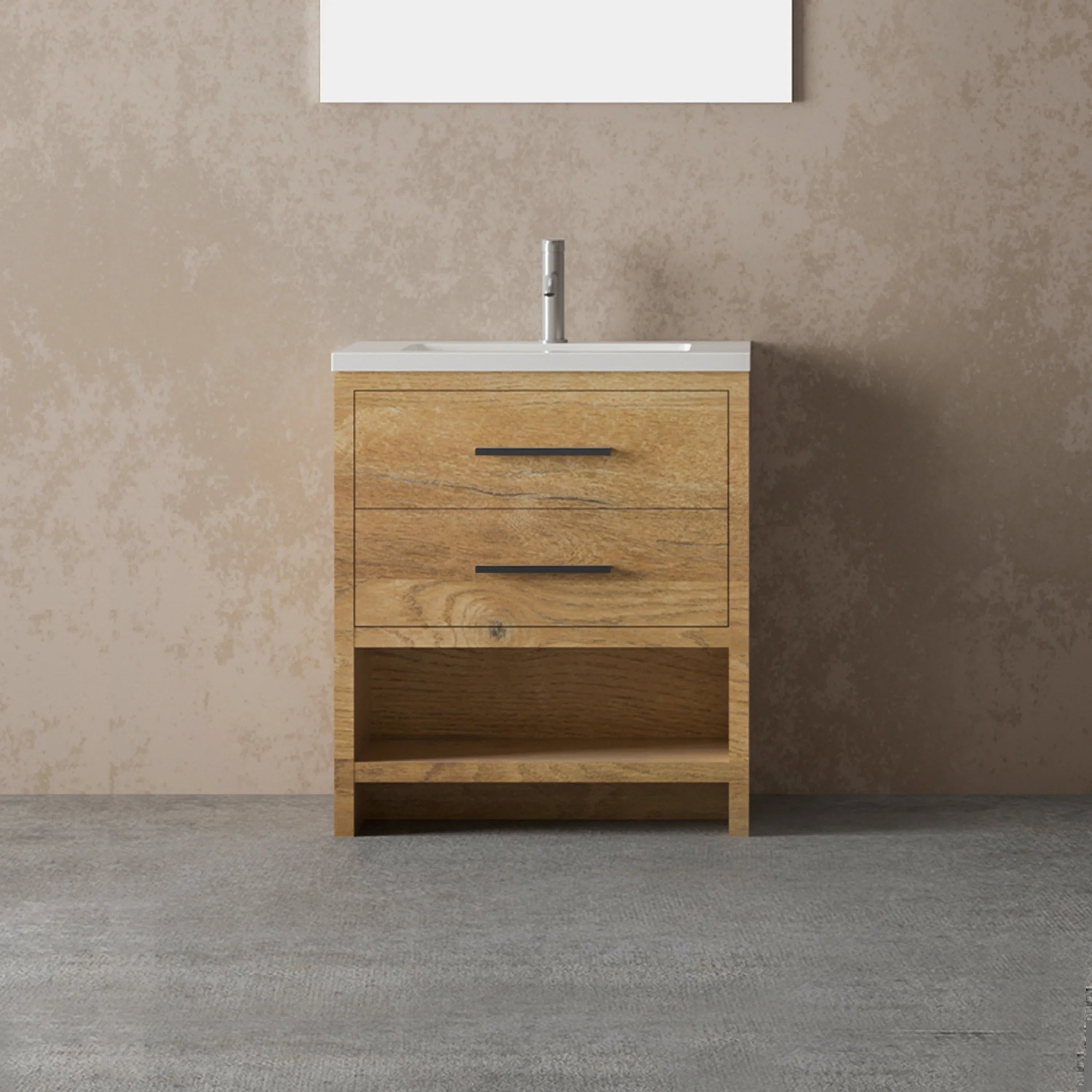 30" Rough Oak Freestanding Bathroom Vanity with White Polymarble Countertop