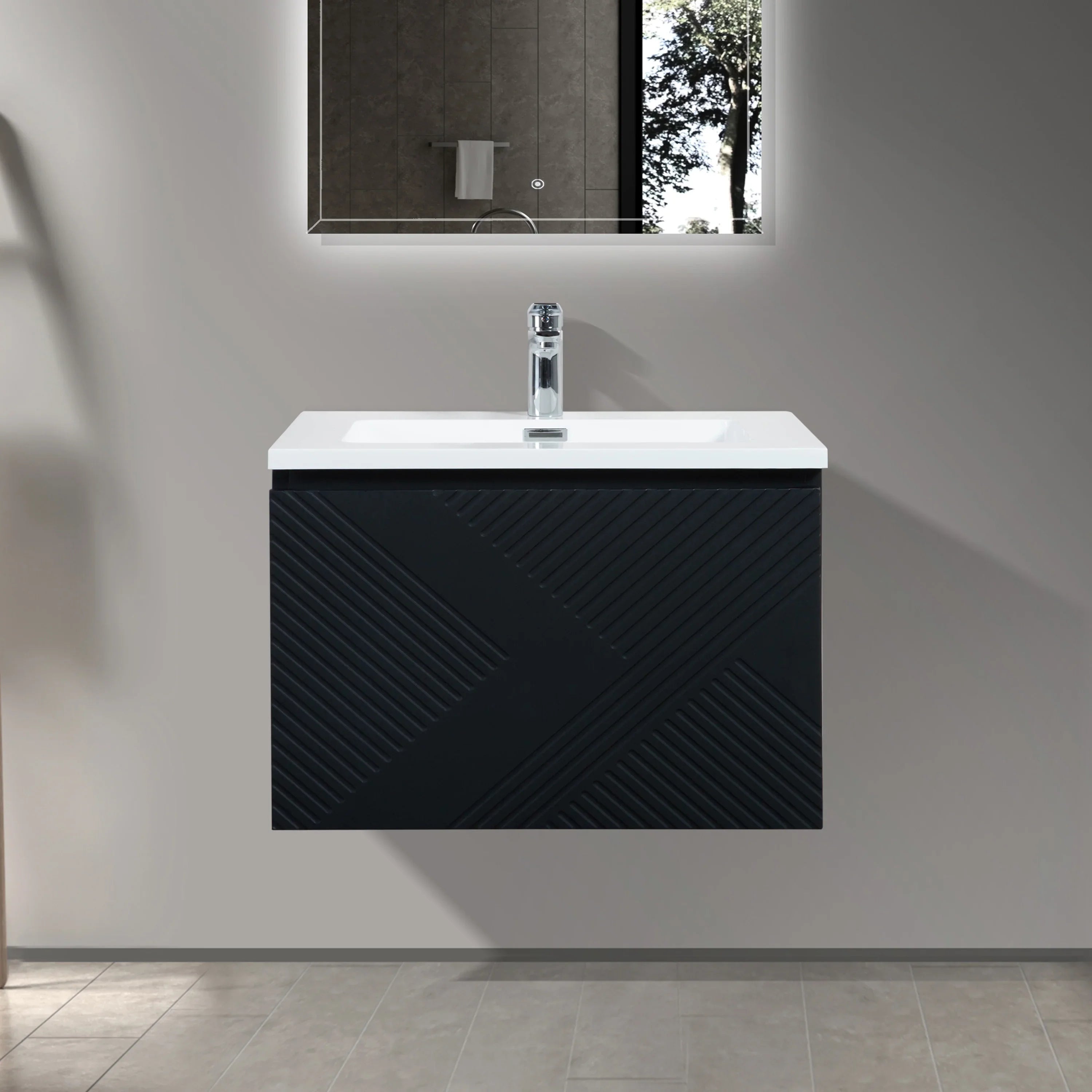 Meuble-lavabo mural noir 30" avec Comptoir en polymarbre blanc
