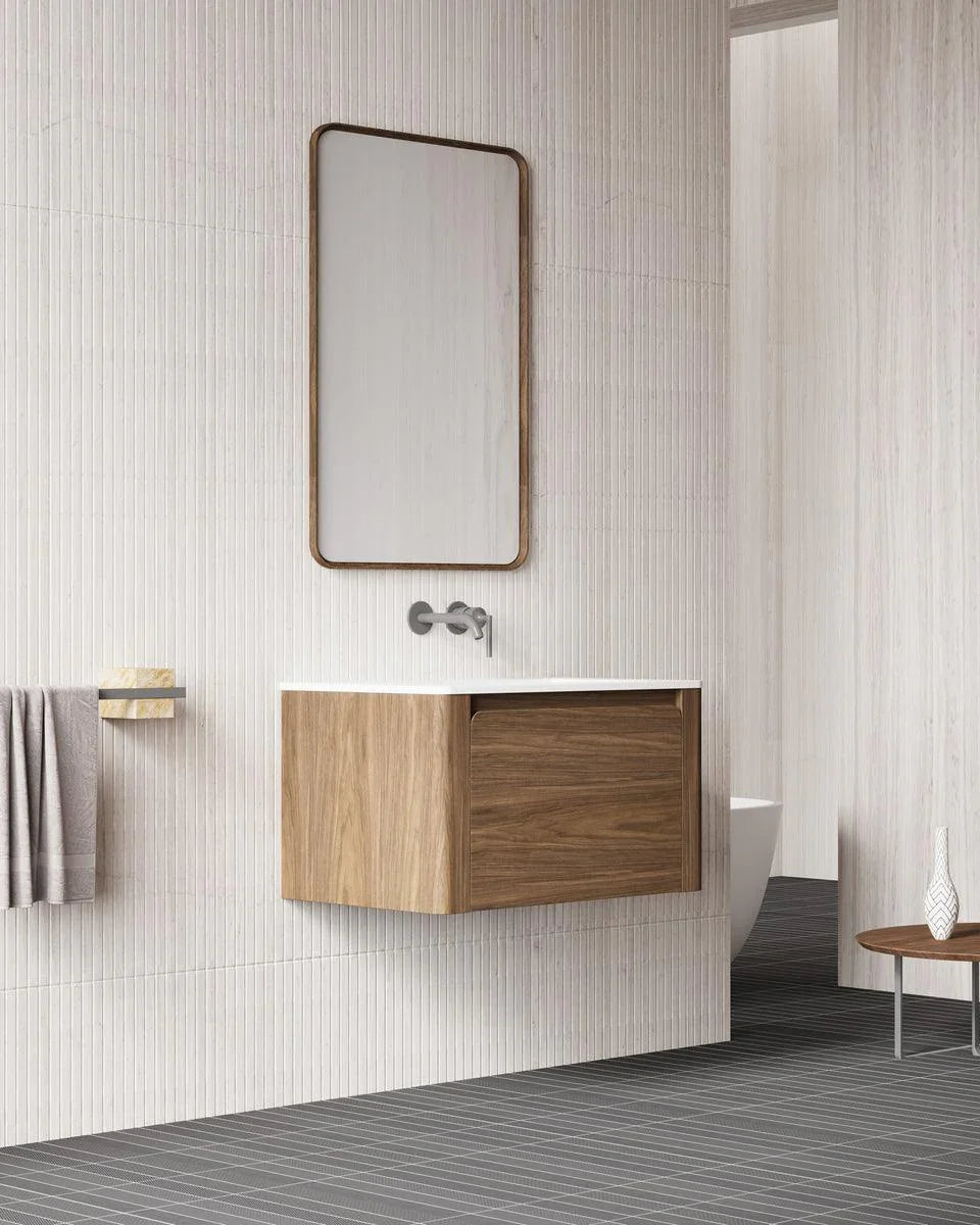 30" Walnut Wall Mount Single Sink Bathroom Vanity with Matte White Solid surface Countertop Fairview - Golden Elite Deco