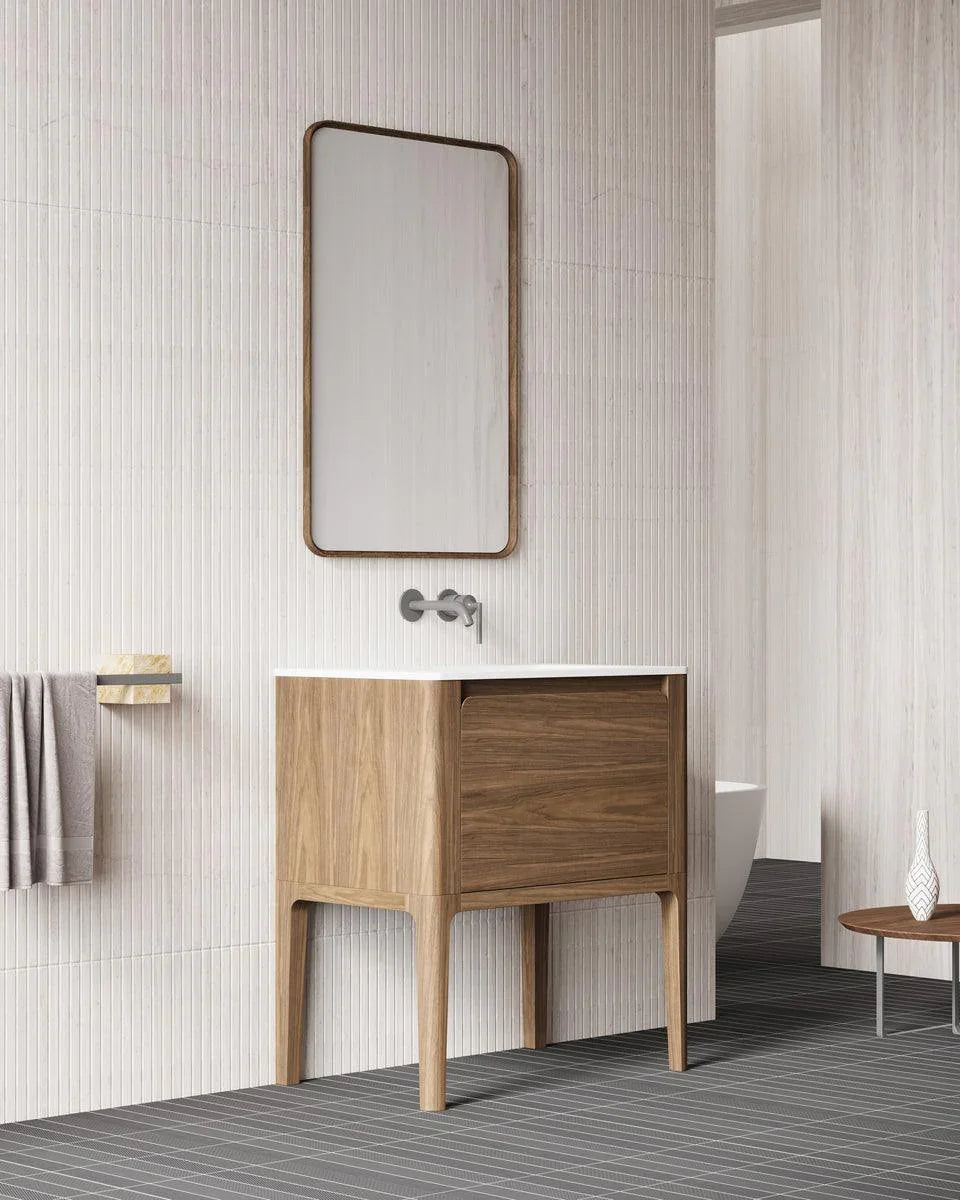 30" Walnut Wall Mount Single Sink Bathroom Vanity with Matte White Solid surface Countertop Fairview - Golden Elite Deco