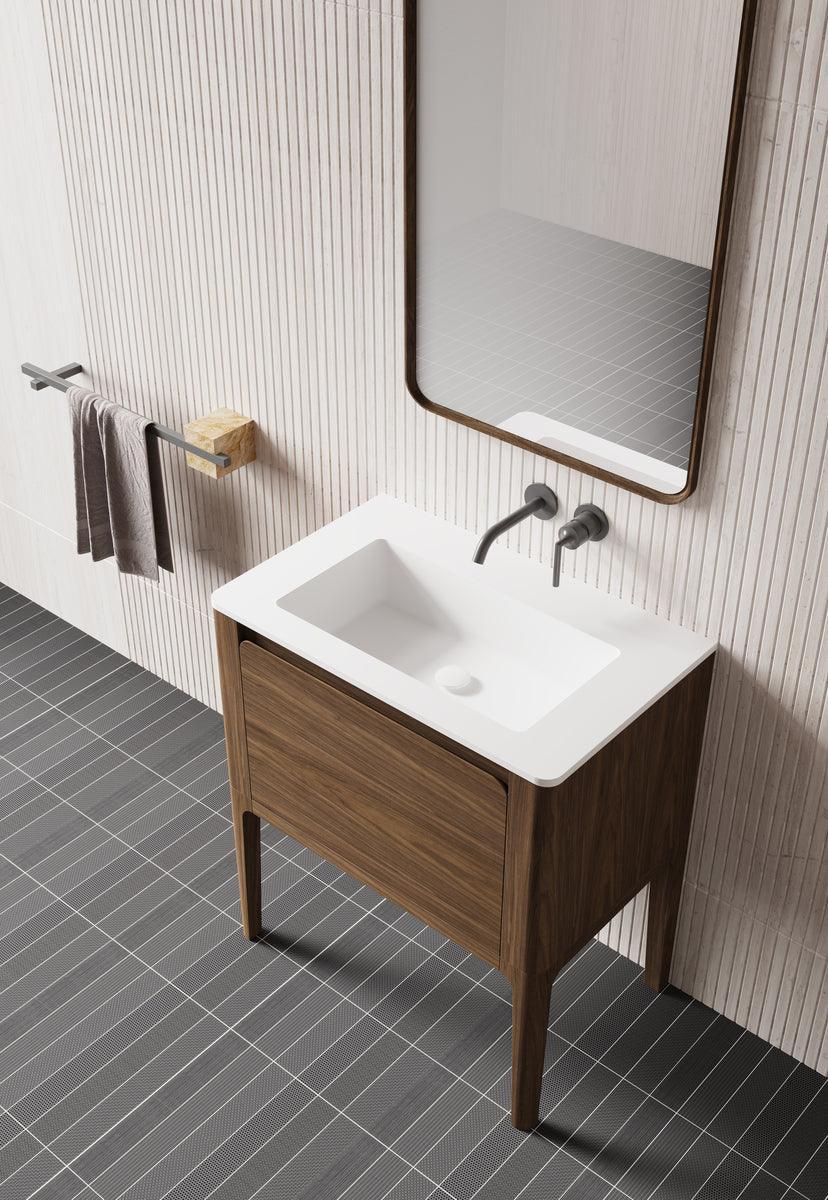 30" Walnut Wall Mount Single Sink Bathroom Vanity with Matte White Solid surface Countertop Fairview - Golden Elite Deco