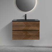 30" Walnut Wall Mount Single Sink Bathroom Vanity with Black Engineered Quartz Countertop