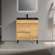 30" Frosted Oak Freestanding Single Sink Bathroom Vanity with Black Ceramic Countertop