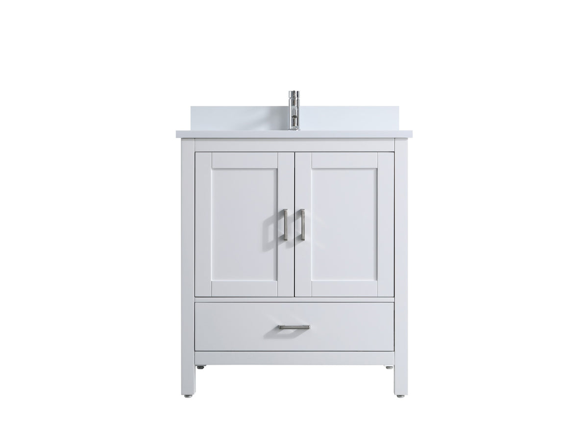 30" White Freestanding Single Sink Bathroom Vanity with Engineered White Marble Countertop
