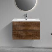 30" Walnut Wall Mount Single Sink Bathroom Vanity with White Polymarble Countertop