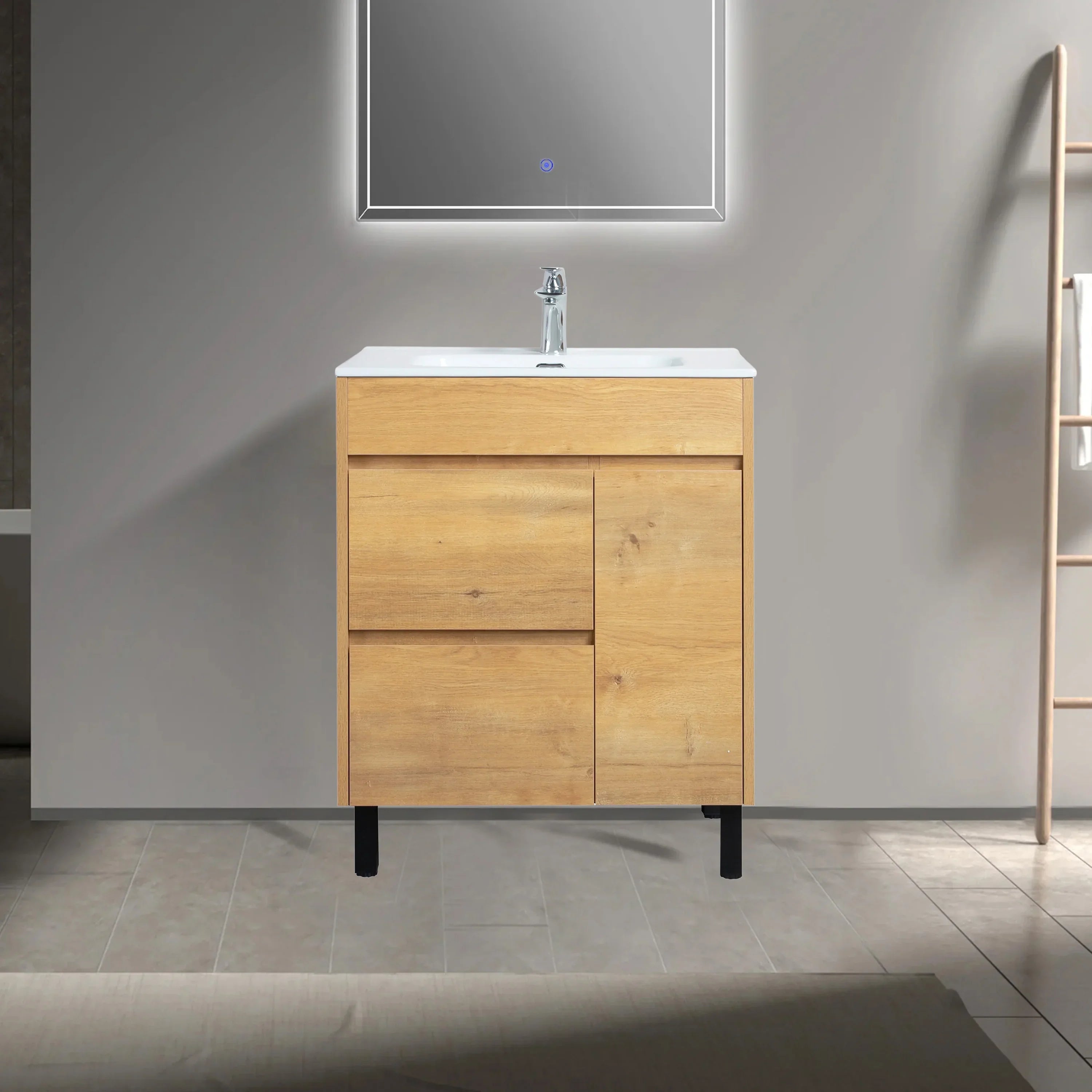 30" Frosted Oak Freestanding Bathroom Vanity with White Ceramic Countertop