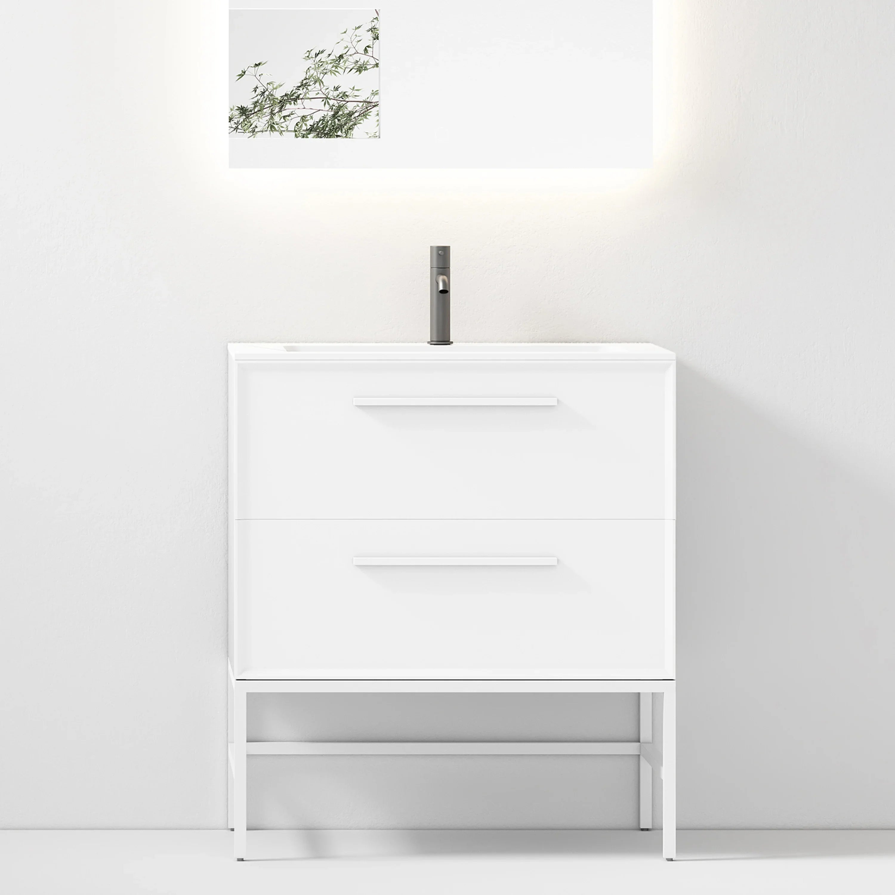 30" White Wall Mount Single Sink Bathroom Vanity with Matte White Solid Surface Countertop