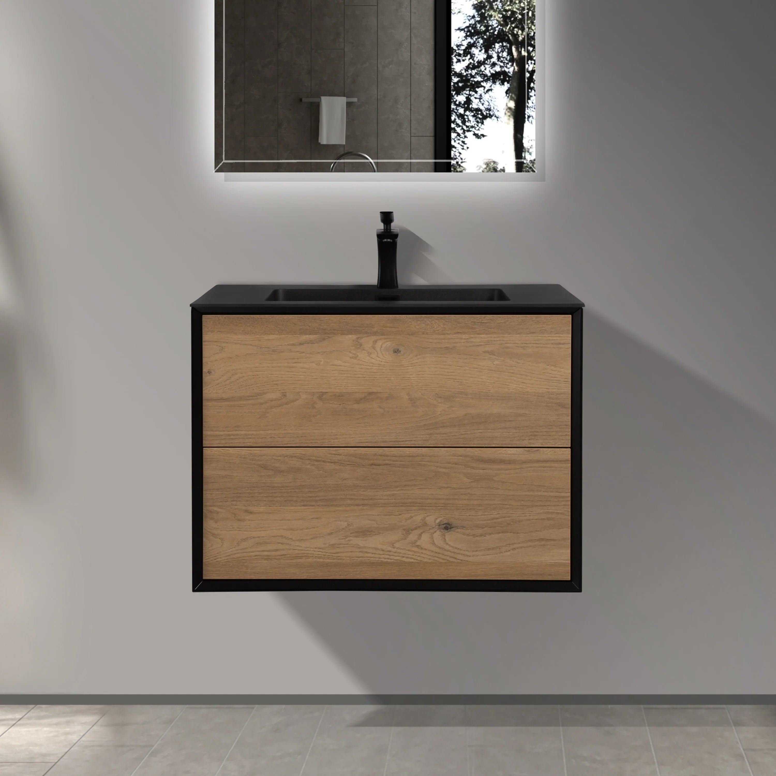 Meuble-Lavabo Mural 30po Noir et Chêne Brut avec Comptoir de Quartz d'ingénierie Noir 