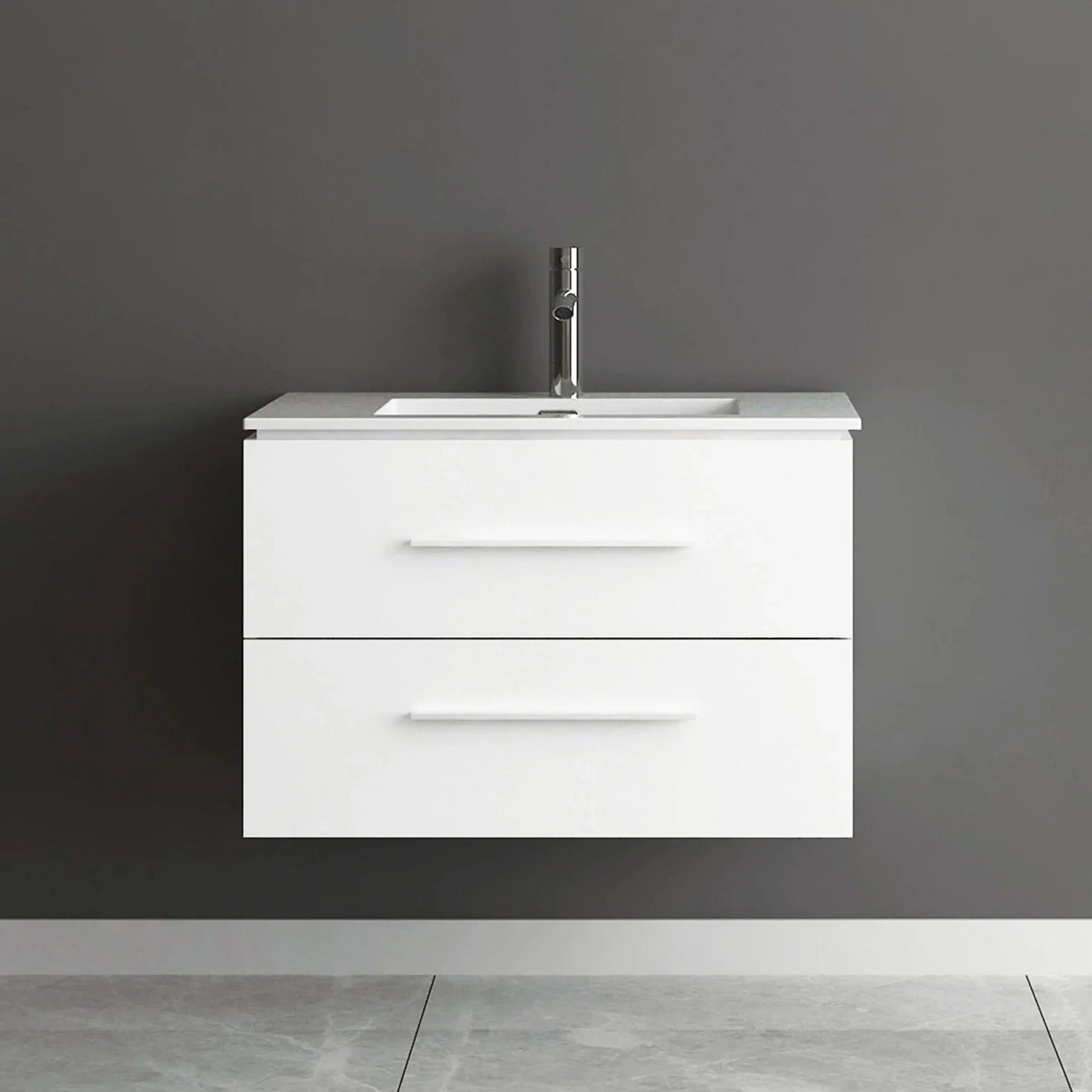 30" Matte White Wall Mount Bathroom Vanity with White Ceramic Countertop