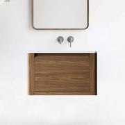 30" Walnut Wall Mount Bathroom Vanity with Matte White Solid Surface Countertop