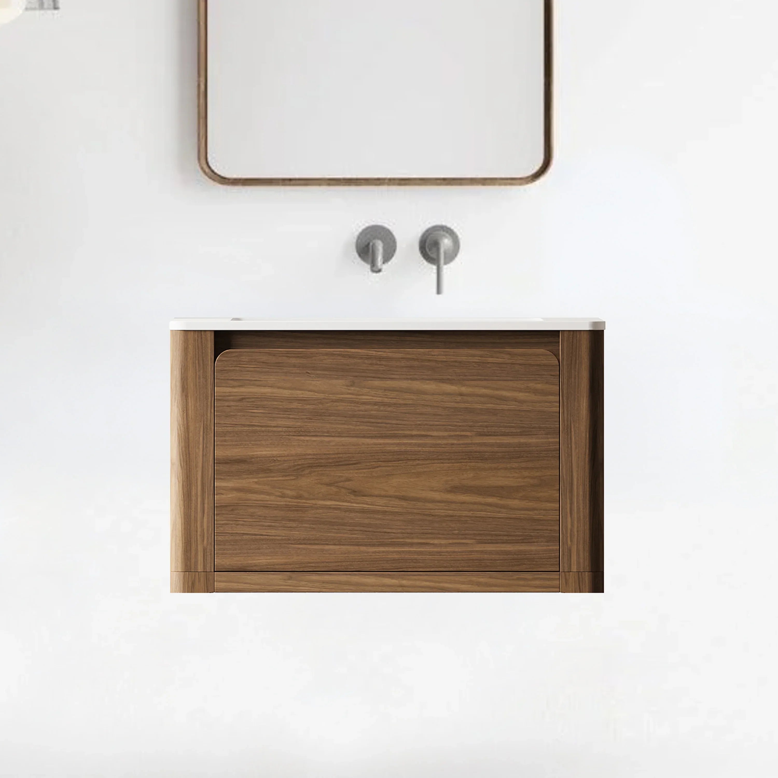 30" Walnut Wall Mount Bathroom Vanity with Matte White Solid Surface Countertop