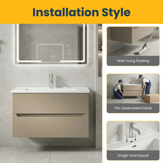 Meuble-lavabo mural 32 po, brun-gris - Comptoir en céramique blanche