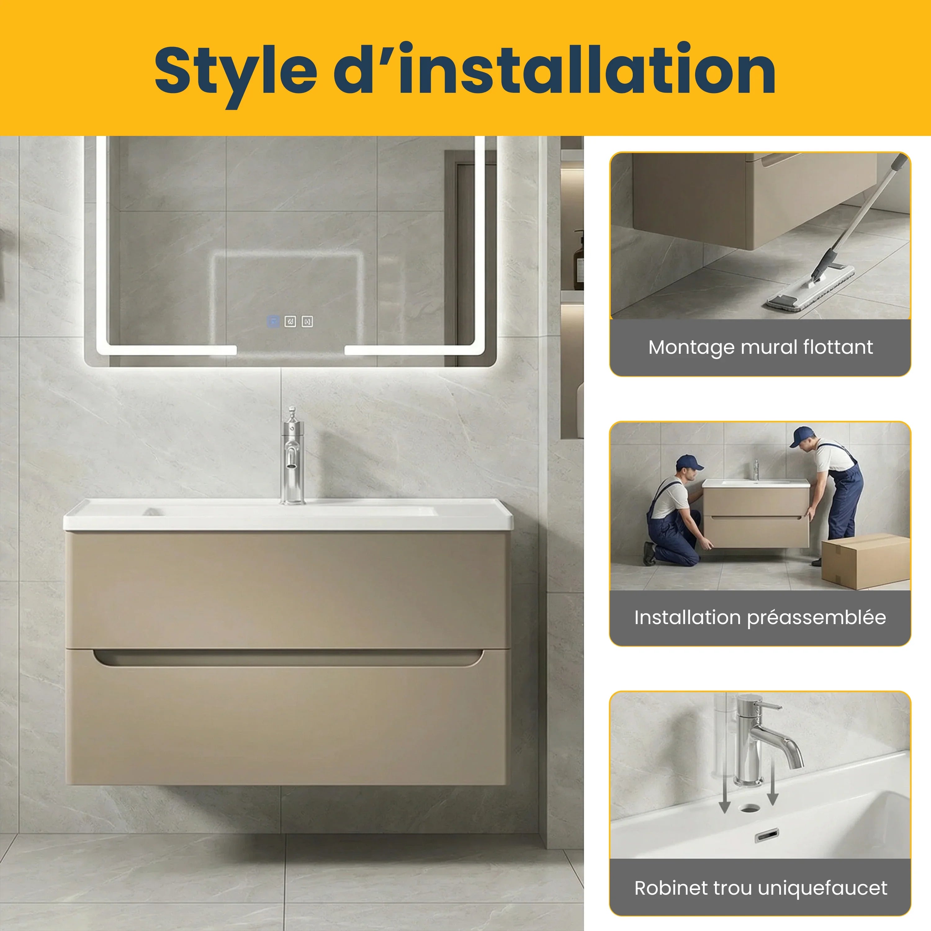 32" Brown Grey Wall Mount Vanity - White Ceramic Countertop