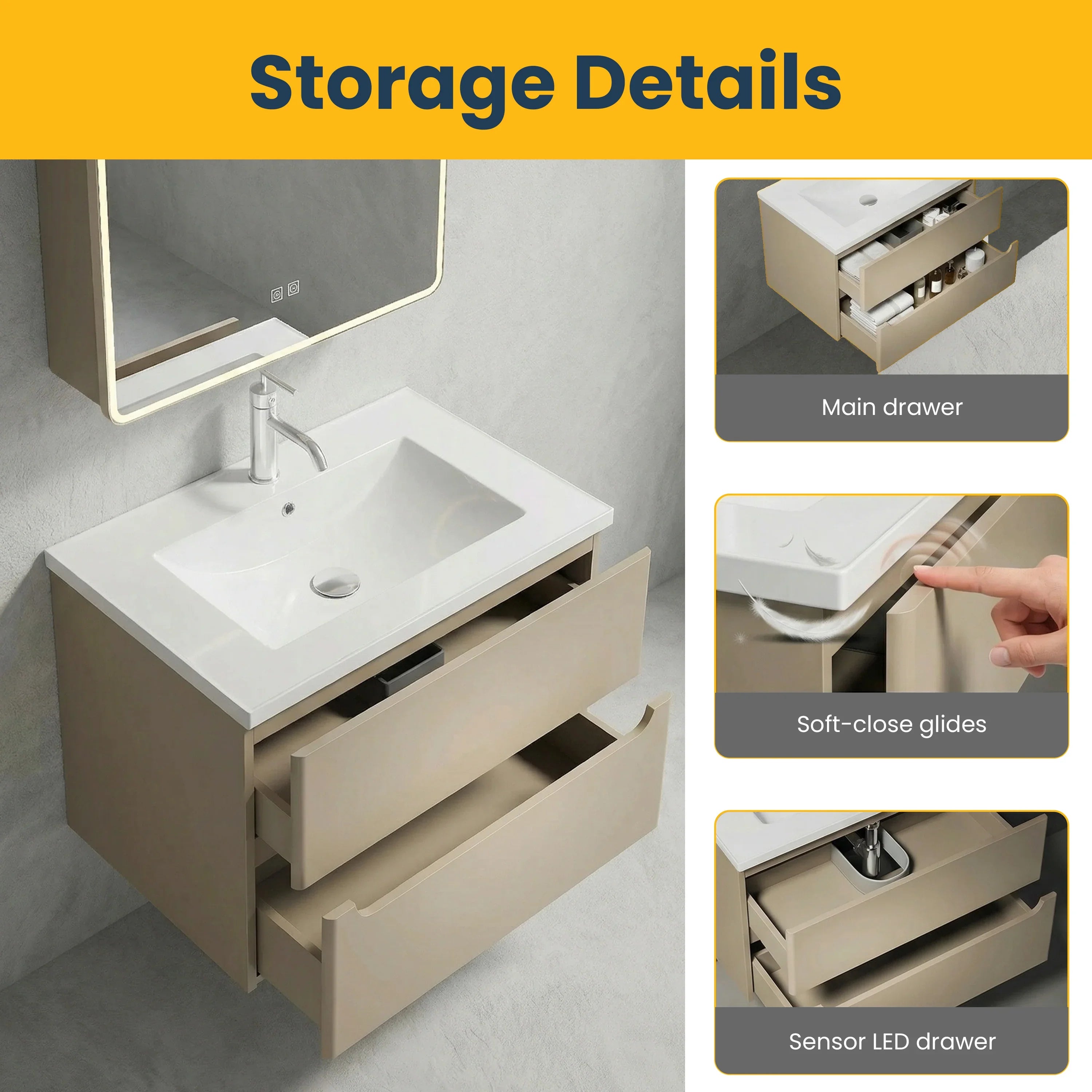 32" Brown Grey Wall Mount Vanity - White Ceramic Countertop