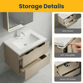 Meuble-lavabo mural 32 po, brun-gris - Comptoir en céramique blanche