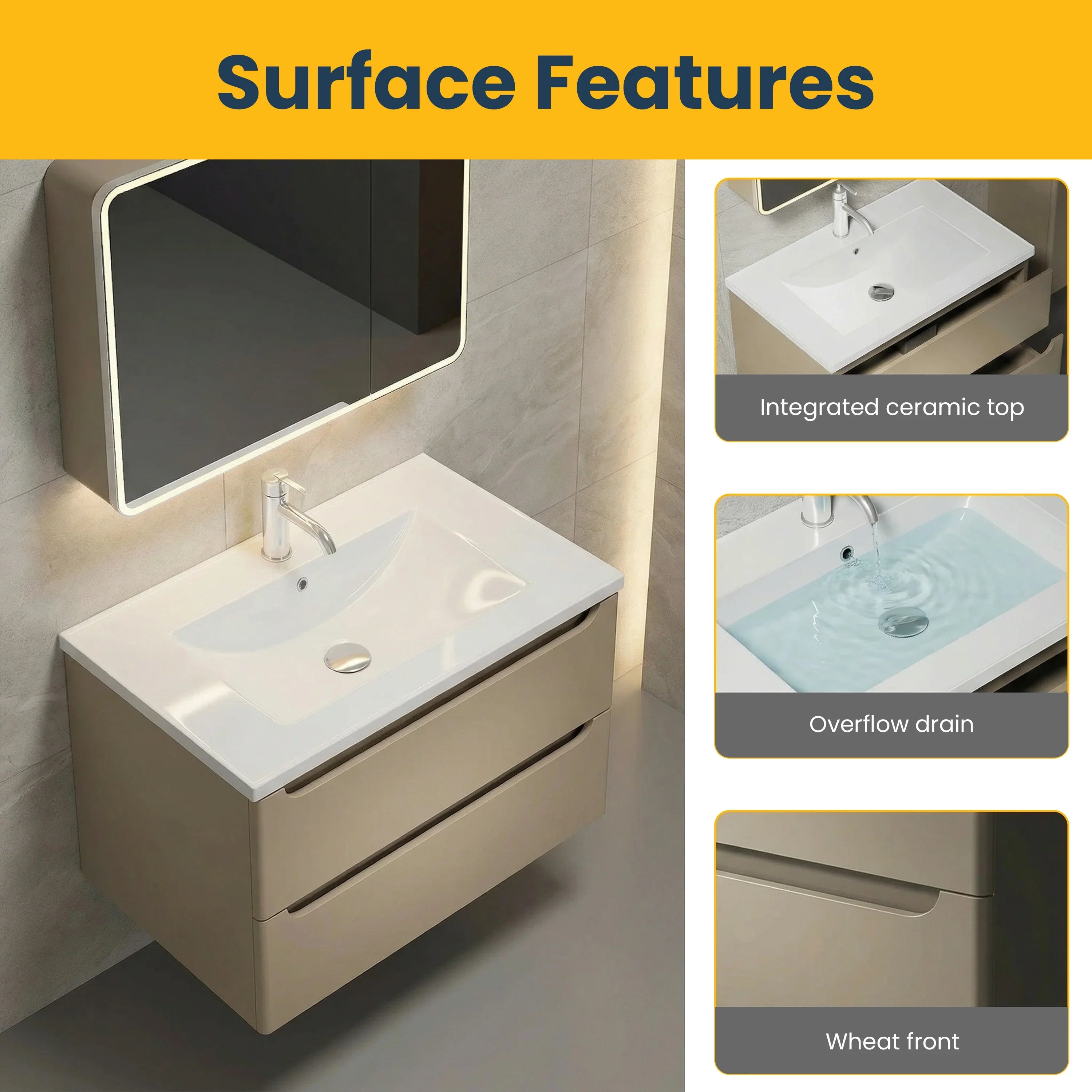 32" Brown Grey Wall Mount Vanity - White Ceramic Countertop