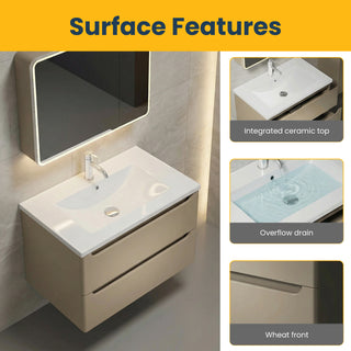 Meuble-lavabo mural 32 po, brun-gris - Comptoir en céramique blanche