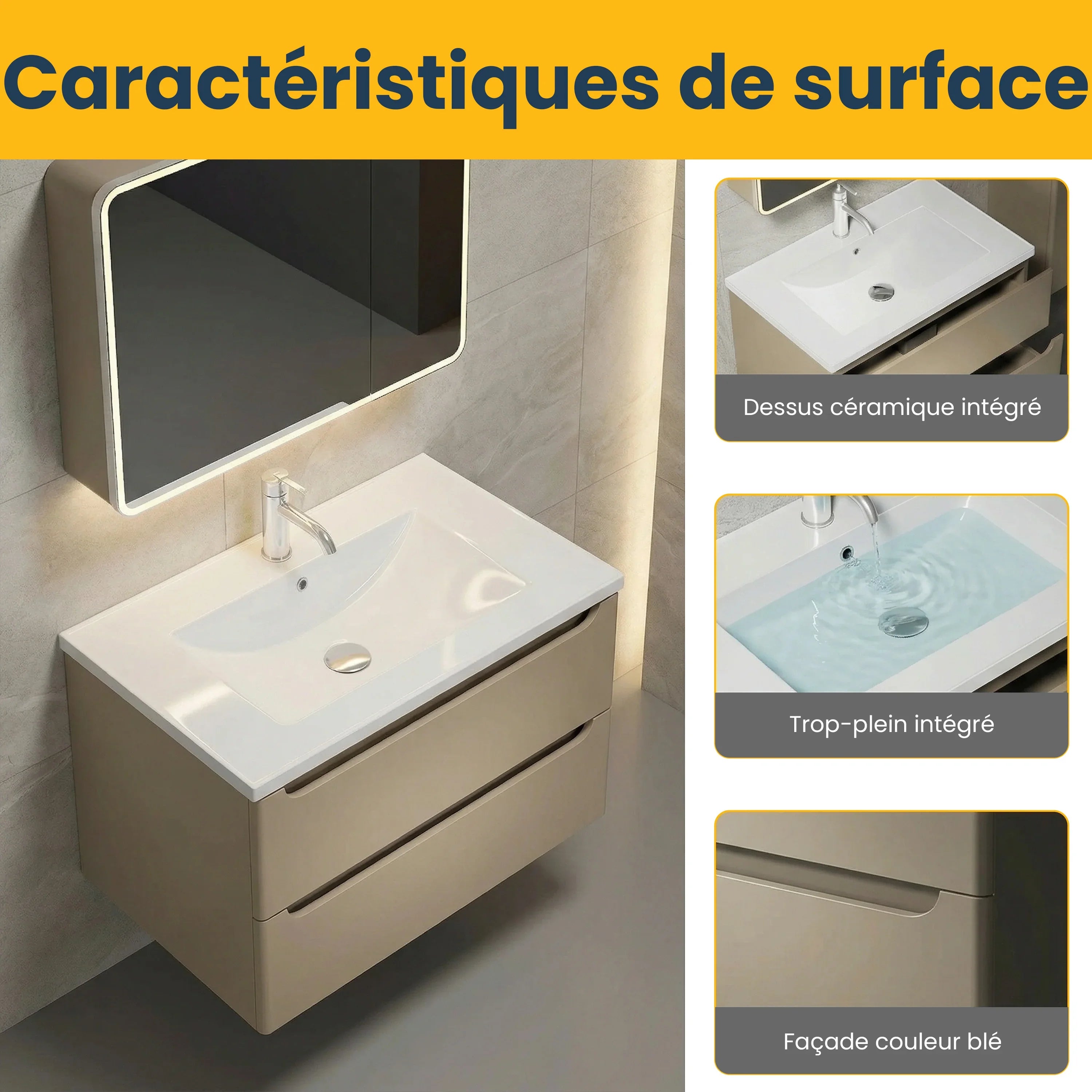 32" Brown Grey Wall Mount Vanity - White Ceramic Countertop