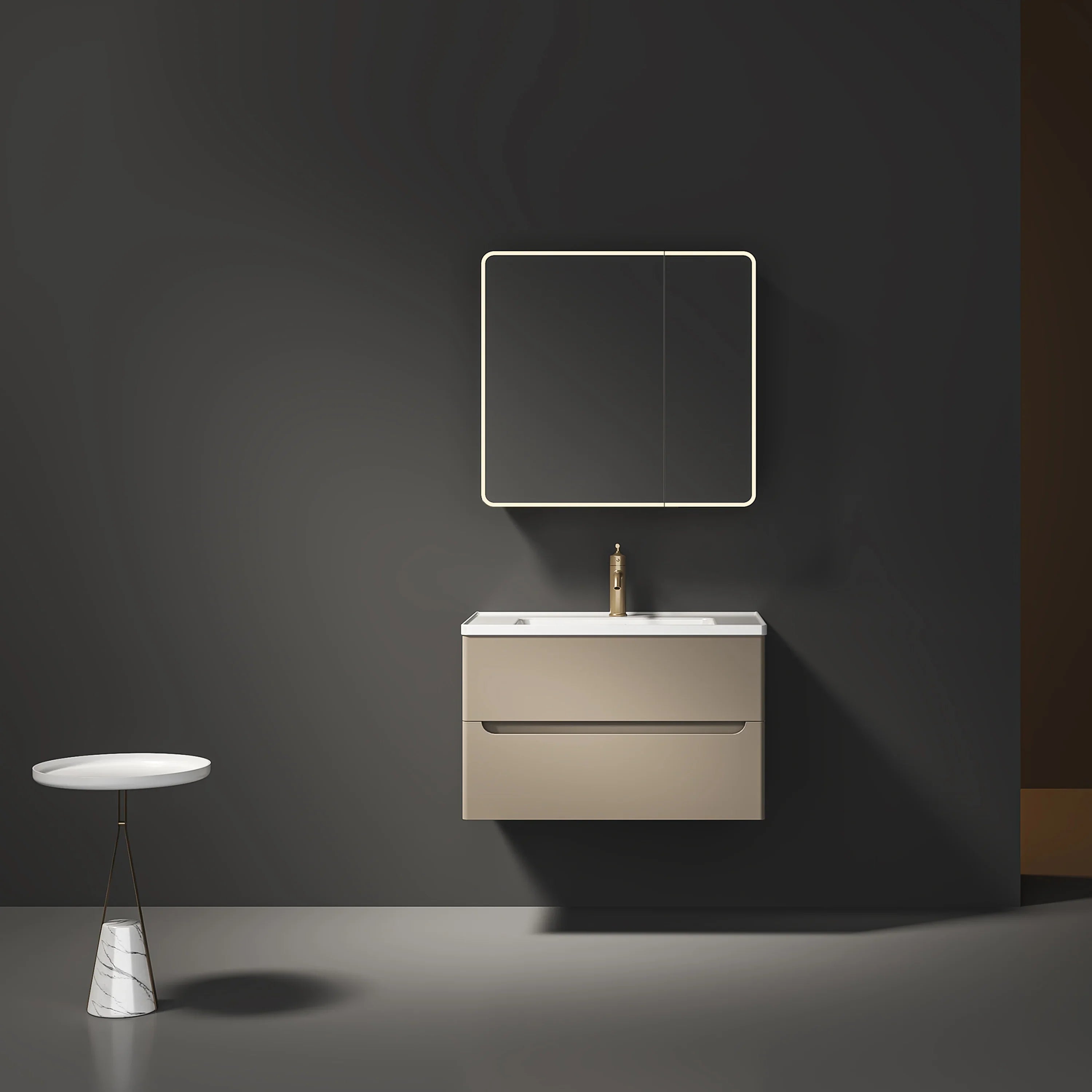 32" Brown Grey Wall Mount Vanity - White Ceramic Countertop