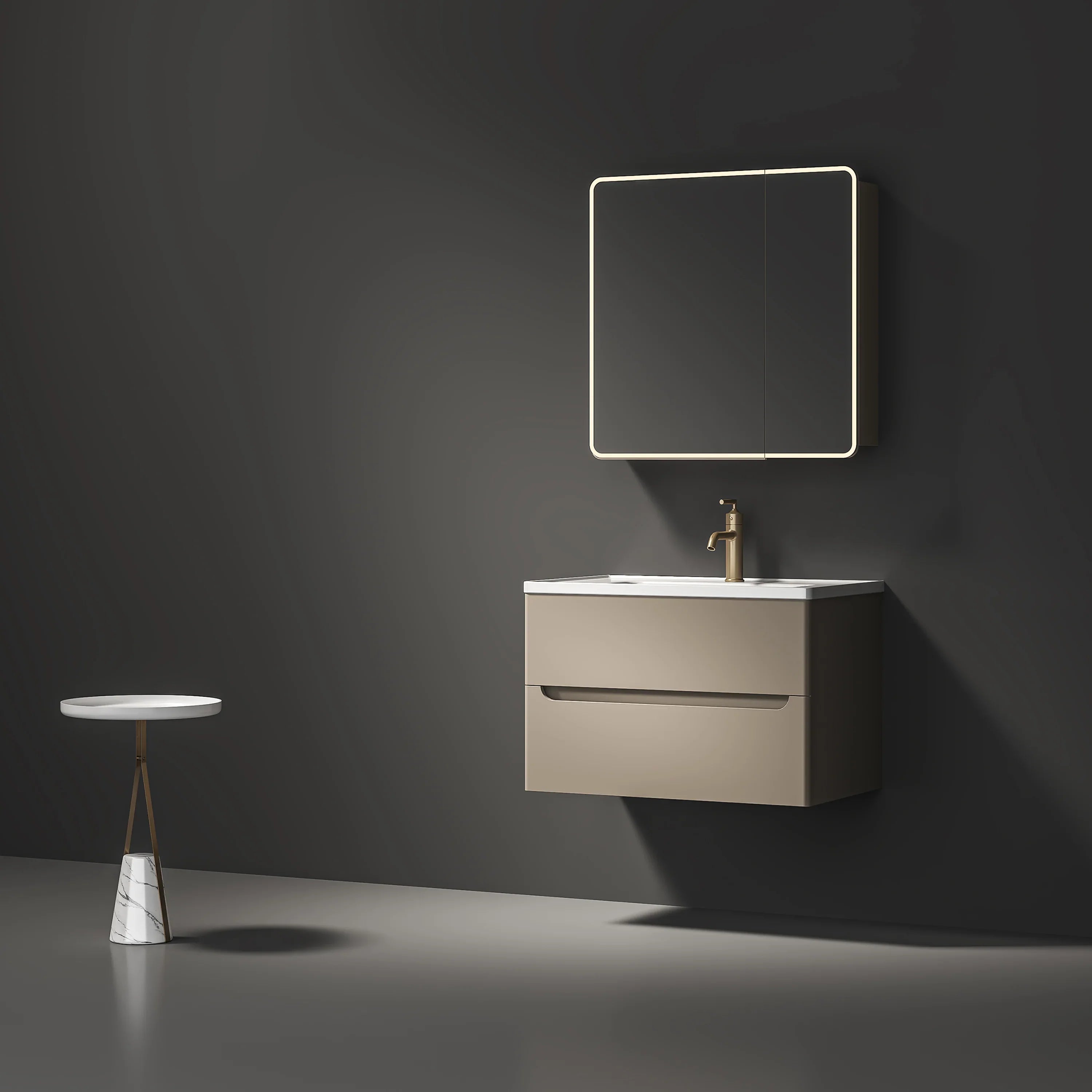 32" Brown Grey Wall Mount Vanity - White Ceramic Countertop