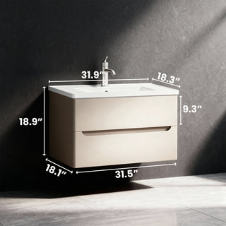 Offre groupée : Meuble-lavabo suspendu brun-gris de 32 po avec armoire à pharmacie à éclairage DEL