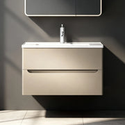 32" Brown Grey Wall Mount Vanity - White Ceramic Countertop