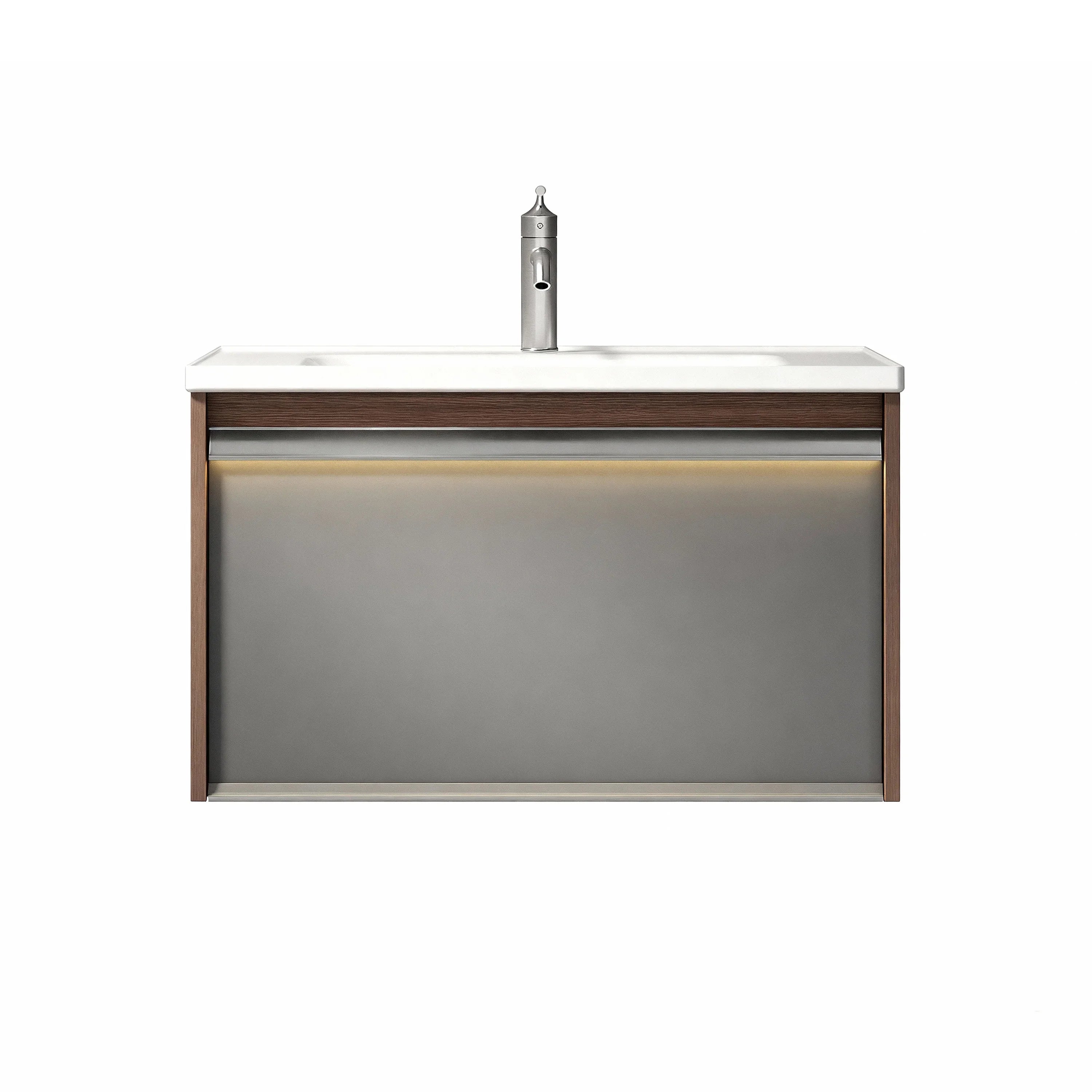 32" Karson Oak Wall Mount Vanity - White Ceramic Countertop and LED Light