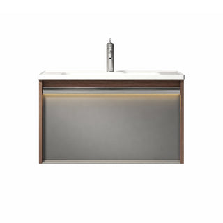 Meuble-lavabo mural Lake Road 32 po Karson Oak - Comptoir en céramique blanche et éclairage DEL