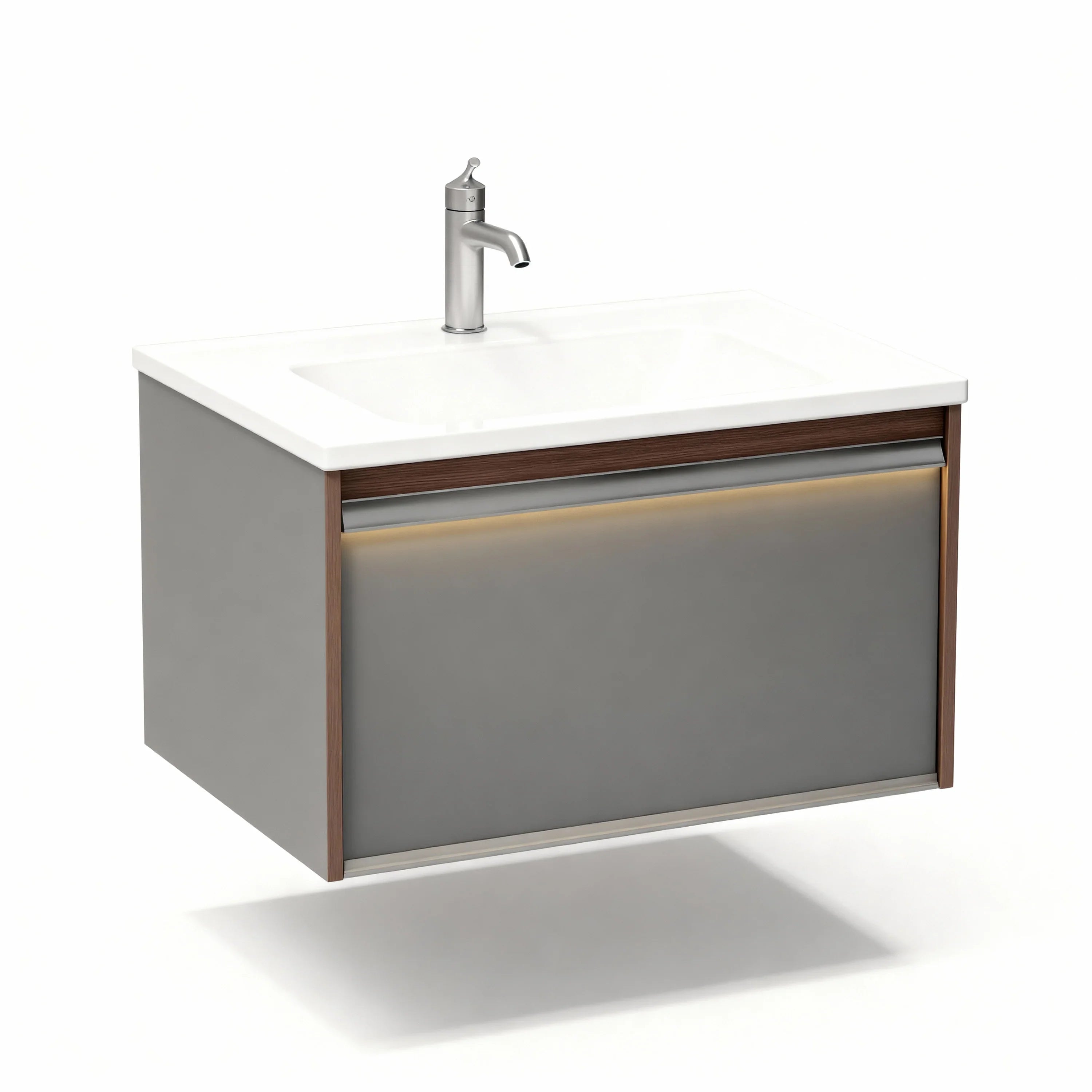 32" Karson Oak Wall Mount Vanity - White Ceramic Countertop and LED Light