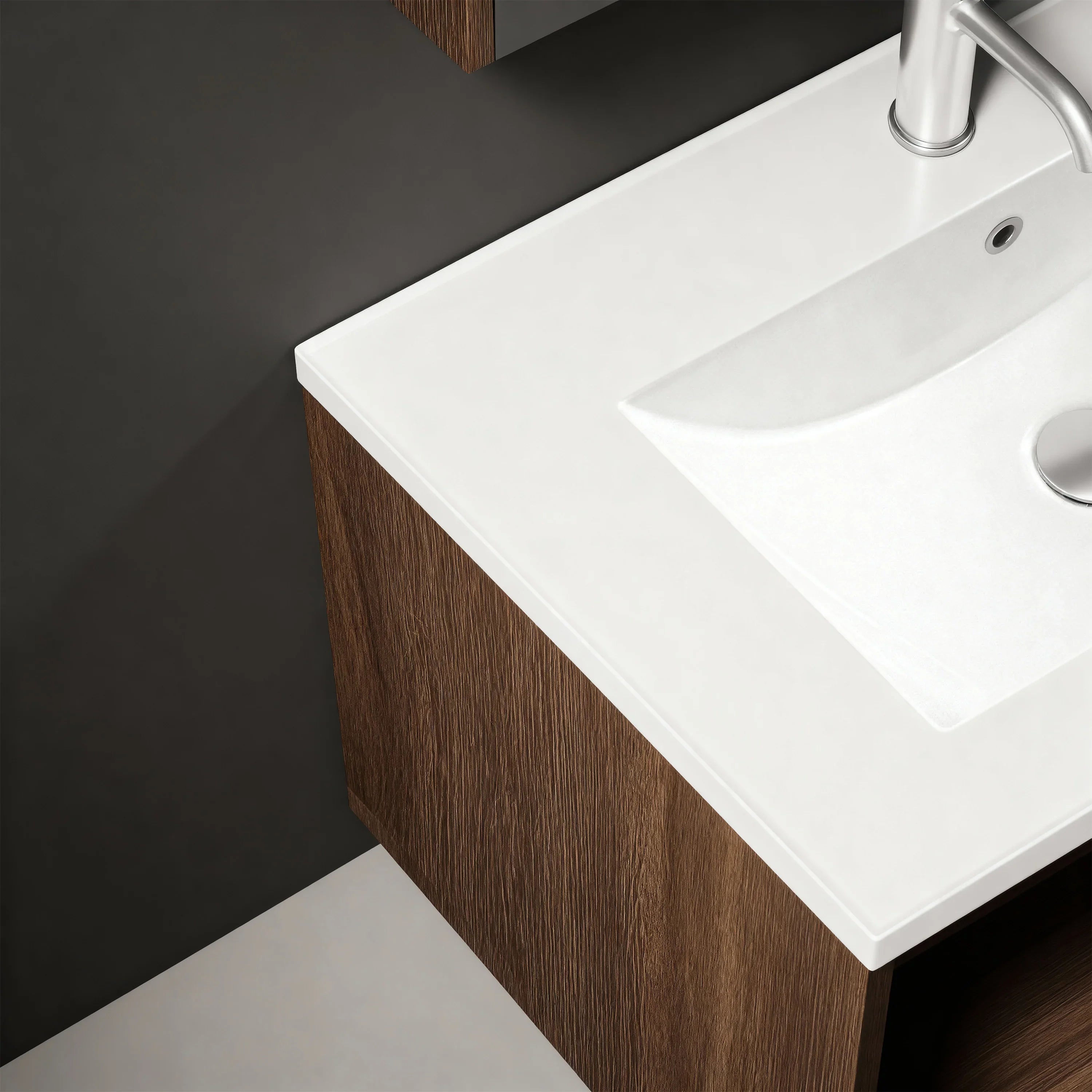 32" Karson Oak Wall Mount Vanity - White Ceramic Countertop and LED Light