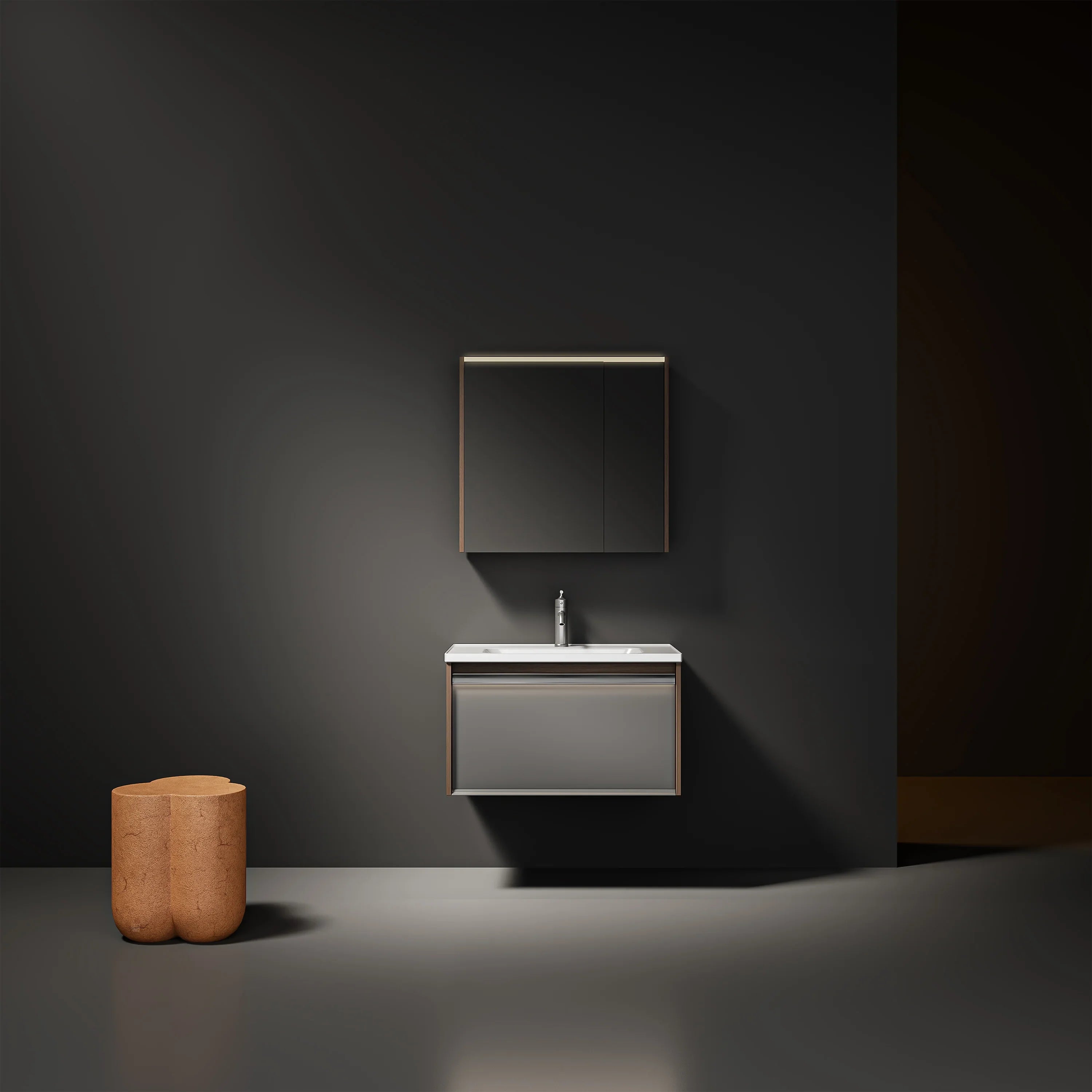 32" Karson Oak Wall Mount Vanity - White Ceramic Countertop and LED Light