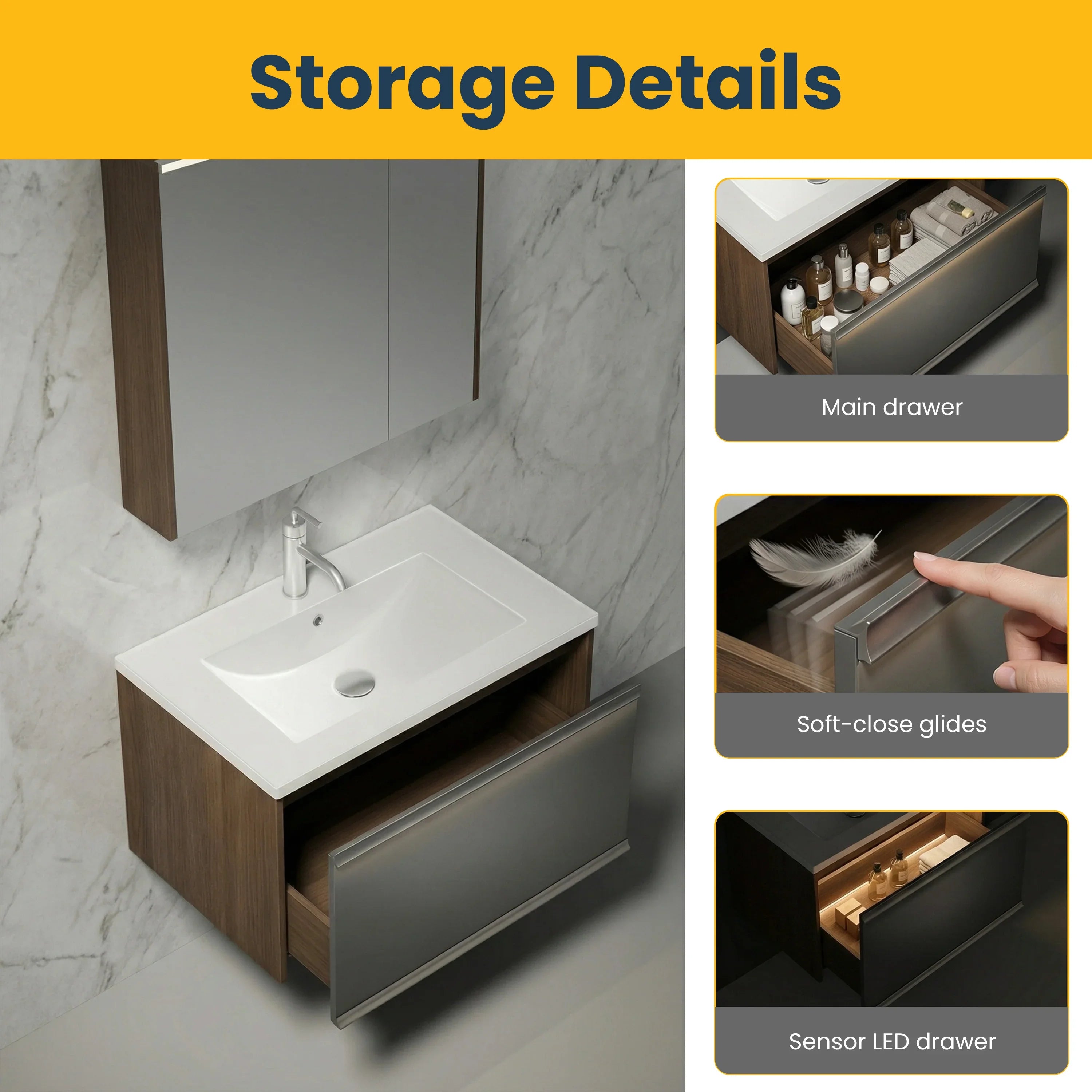 32" Karson Oak Wall Mount Vanity - White Ceramic Countertop and LED Light