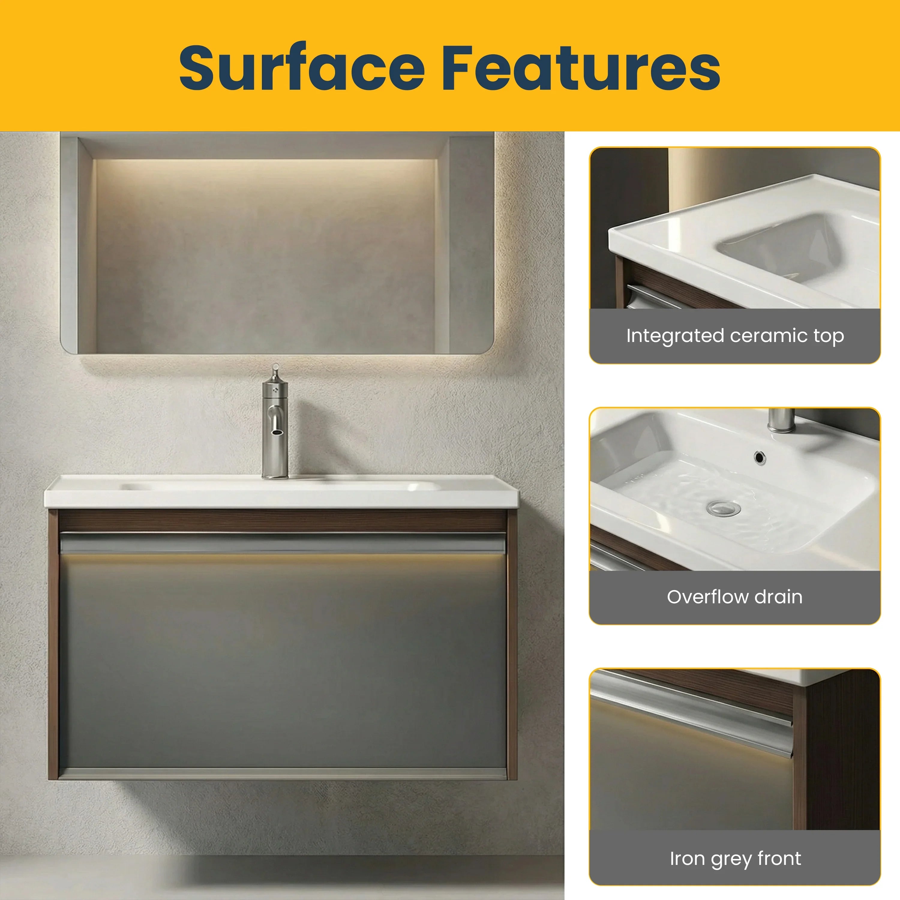 32" Karson Oak Wall Mount Vanity - White Ceramic Countertop and LED Light