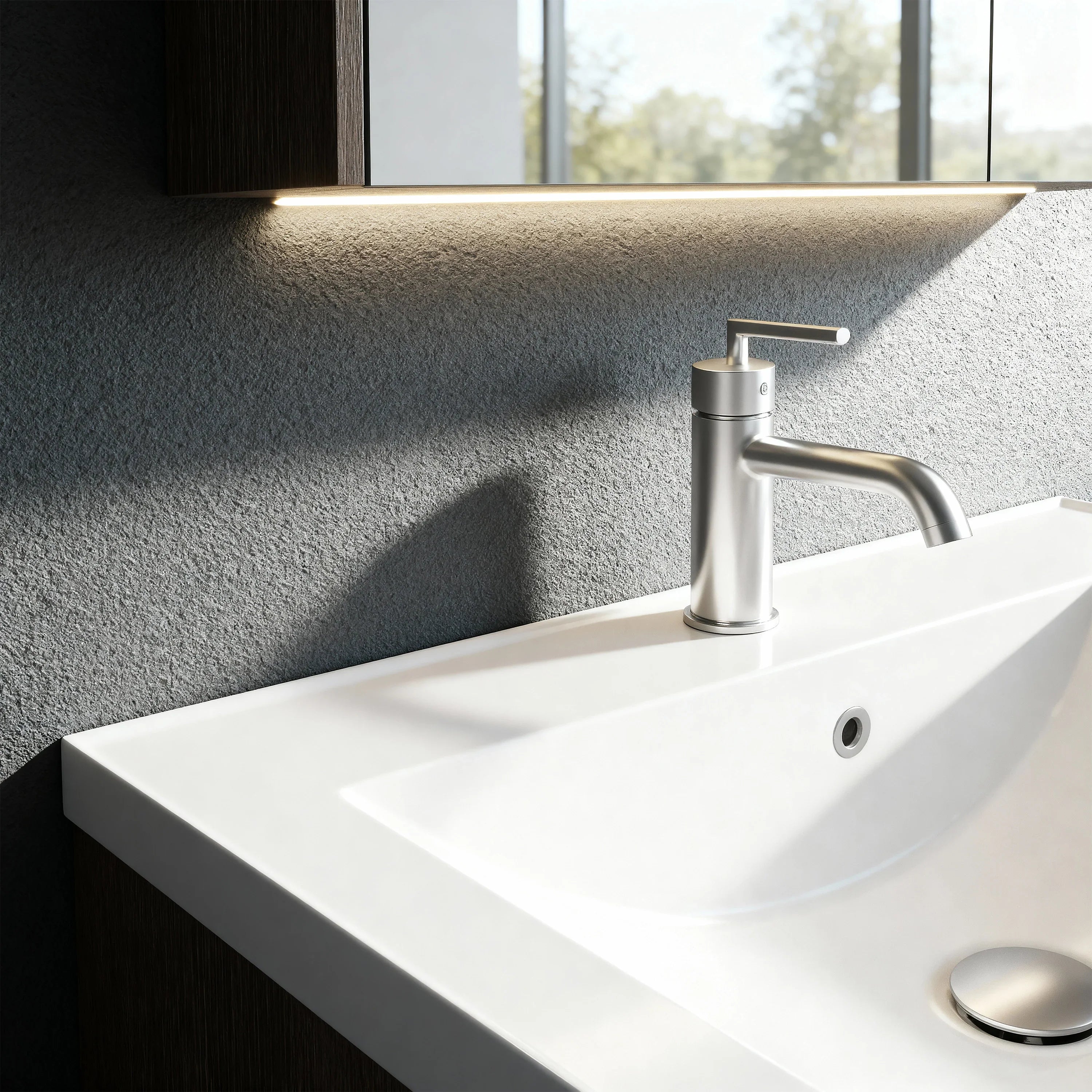 32" Karson Oak Wall Mount Vanity - White Ceramic Countertop and LED Light