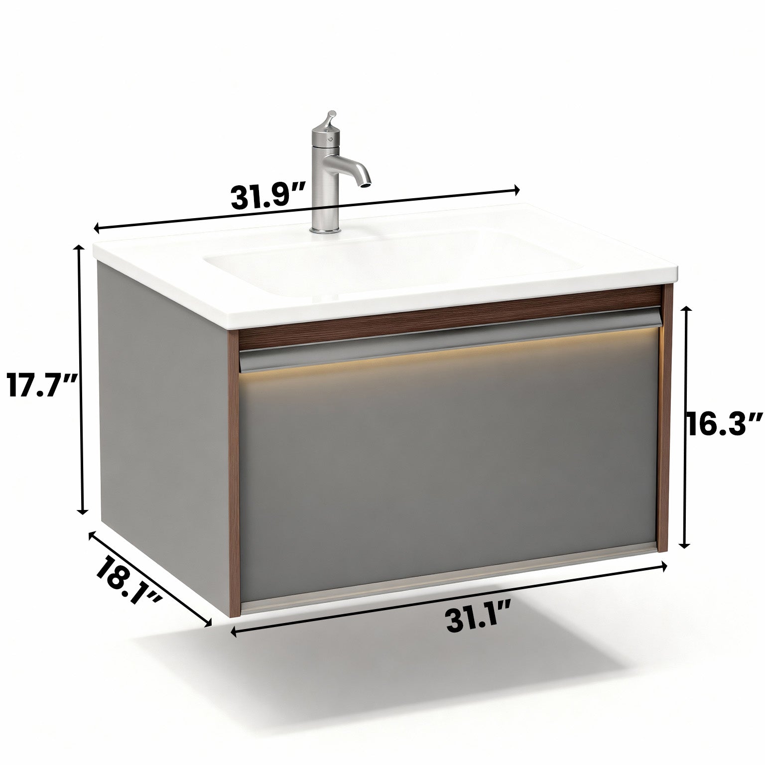 32" Karson Oak Wall Mount Vanity - White Ceramic Countertop and LED Light
