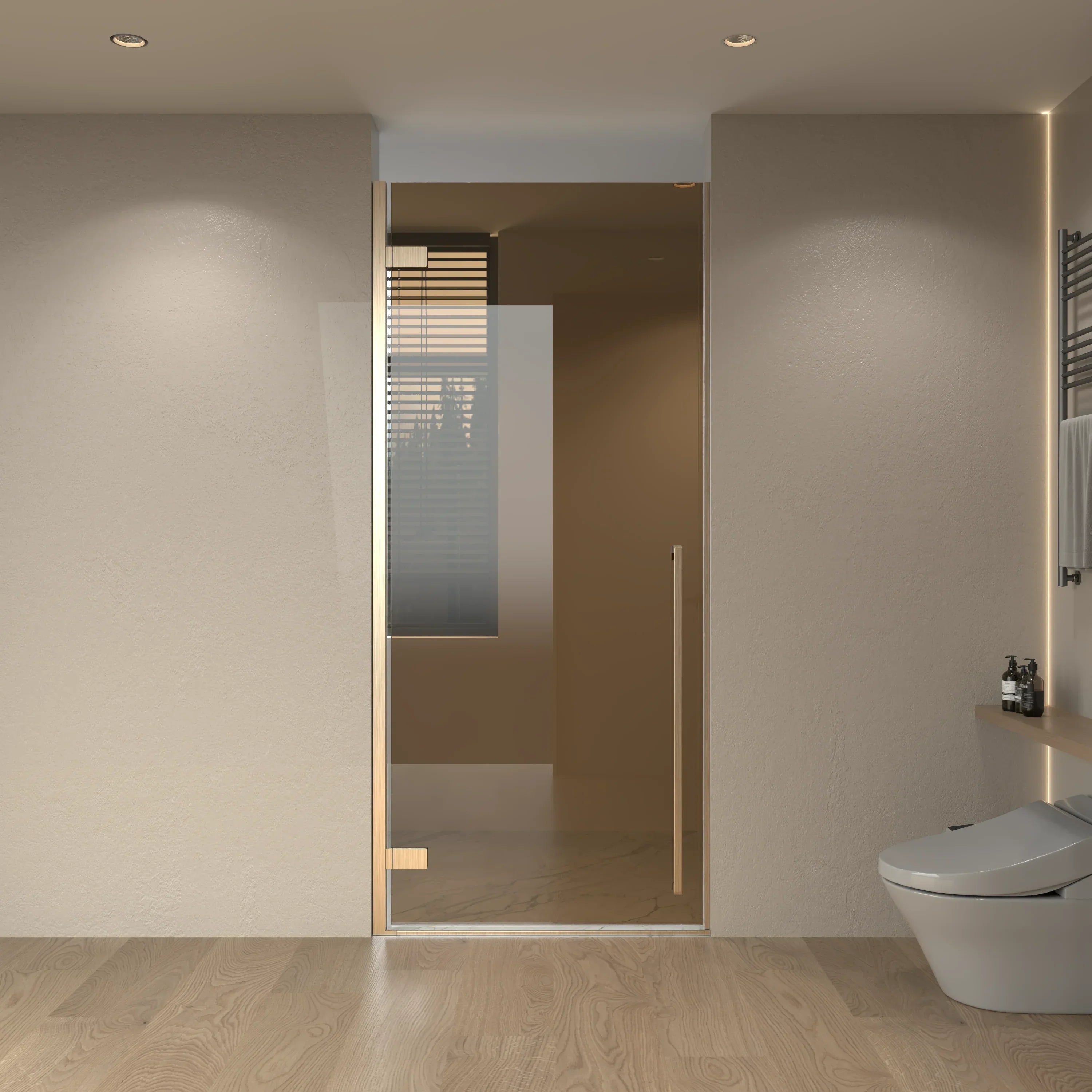 Porte de Douche Pivotante Réversible 36po x 79po Or Brossé avec Verre Teinté Brun