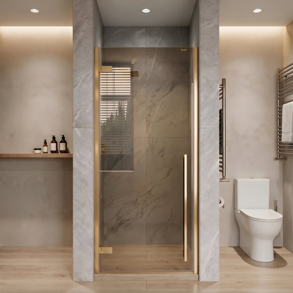 29,9po–30,3po L (largeur ajustable) x 79po H Porte de douche pivotante réversible sans cadre en or brossé avec verre brun teinté