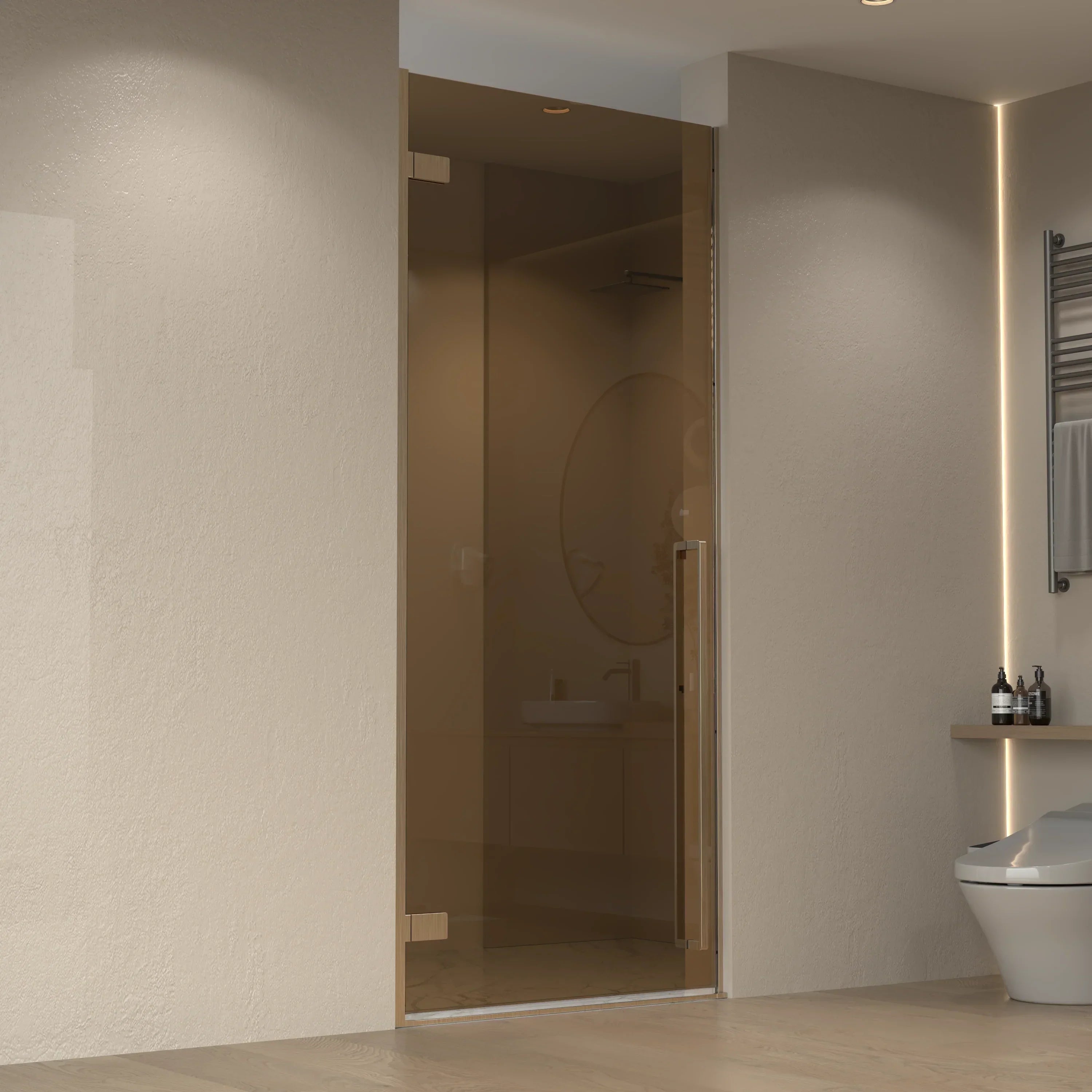 Porte de Douche Pivotante Réversible 36po x 79po Or Brossé avec Verre Teinté Brun