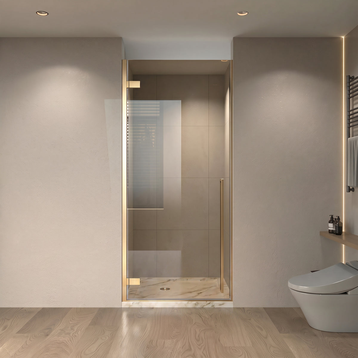 29,9po–30,3po L (largeur ajustable) x 79po H Porte de douche pivotante réversible sans cadre en or brossé avec verre brun teinté