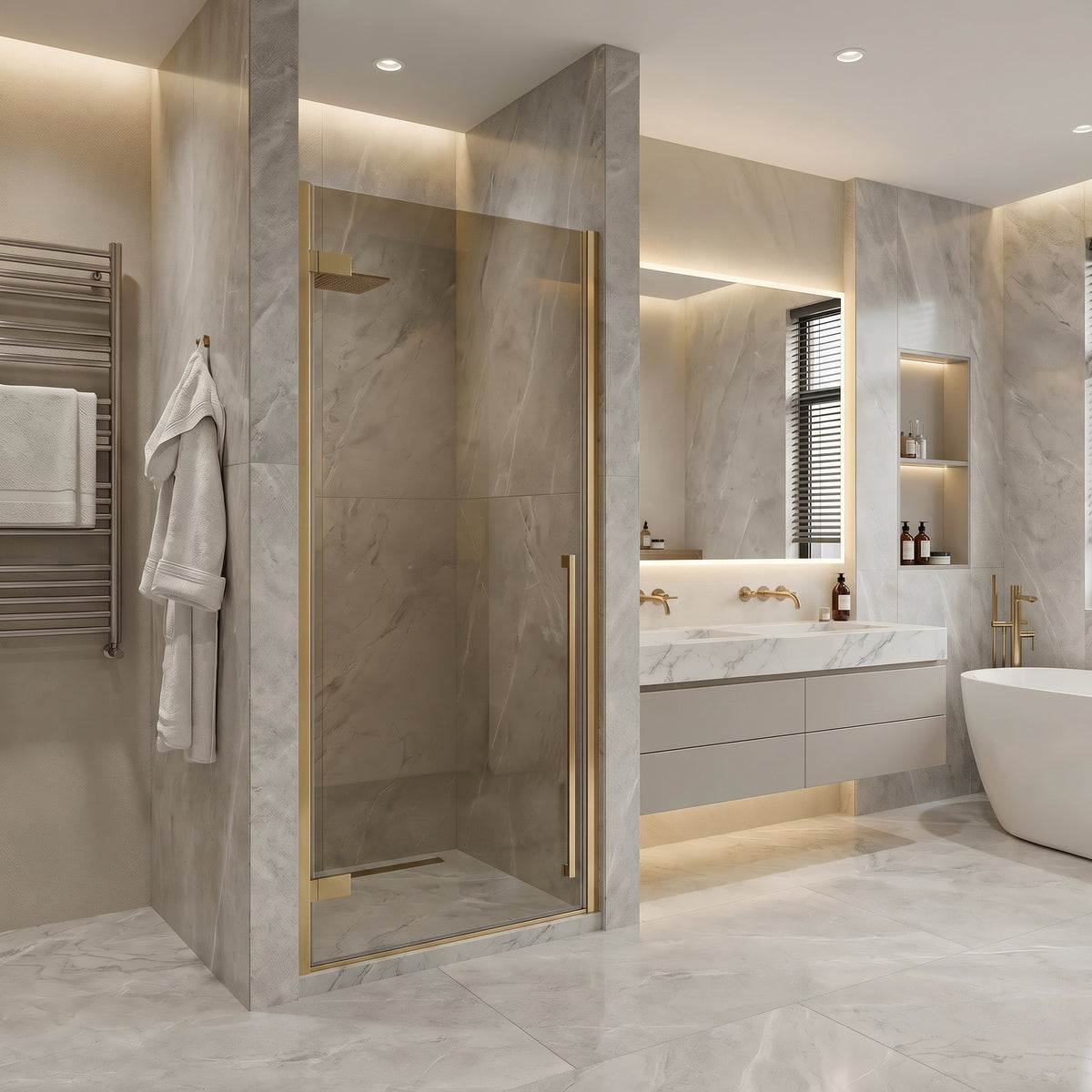 29,9po–30,3po L (largeur ajustable) x 79po H Porte de douche pivotante réversible sans cadre en or brossé avec verre brun teinté