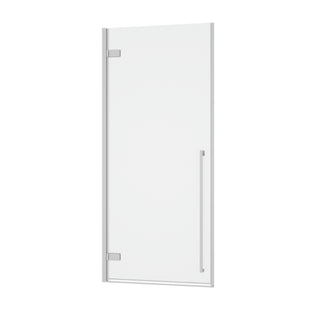 32" x 79" Reversible Pivot Shower Door in Chrome with Clear Glass and 32" x 32" Glossy Black Acrylic Shower Base with Corner Drain