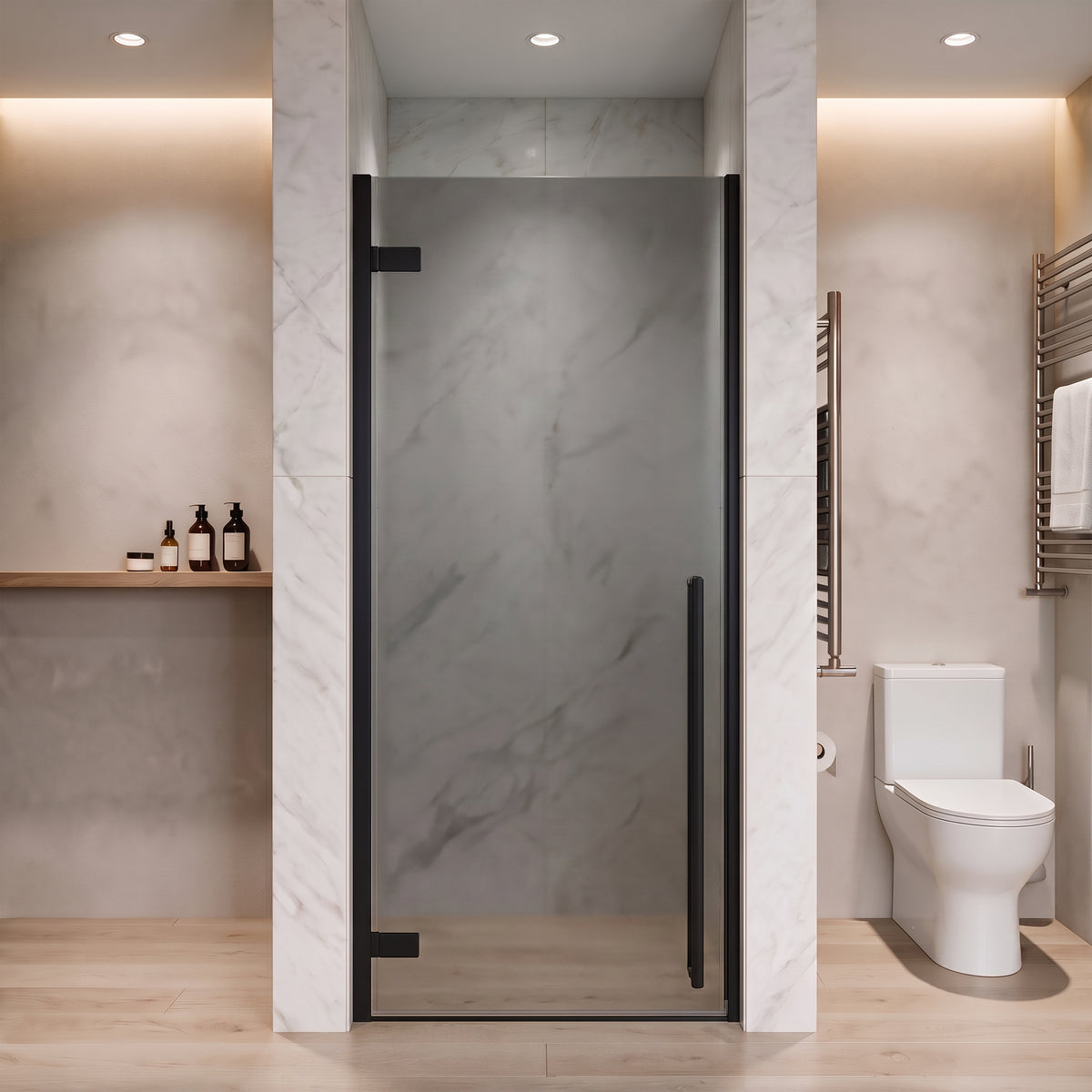 29,9po–30,3po L (largeur ajustable) x 79po H Porte de douche pivotante réversible sans cadre en noir mat avec verre teinté noir