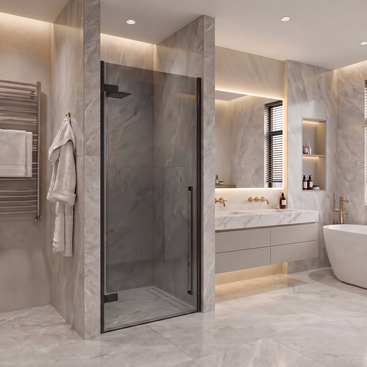 29,9po–30,3po L (largeur ajustable) x 79po H Porte de douche pivotante réversible sans cadre en noir mat avec verre teinté noir